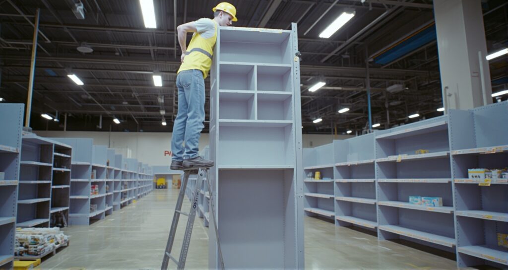 A confused contractor building a fixture in a retail store